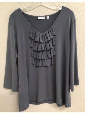 Susan Graver Women XL Gray Scoop Neck Stretch Liquid Knit 3/4 Sleeve Top Ruffle